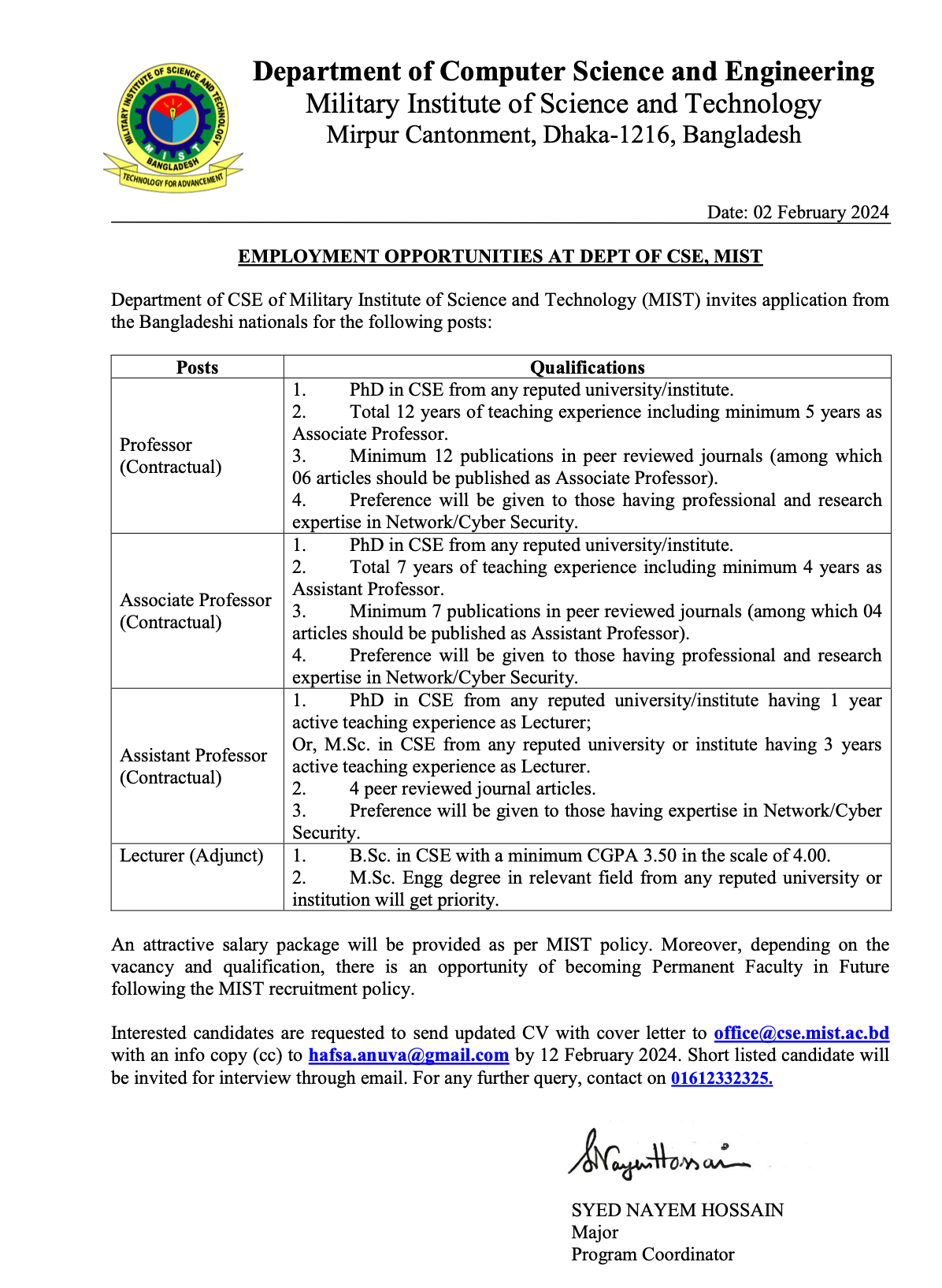 EMPLOYMENT OPPORTUNITIES AT DEPT OF CSE, MIST